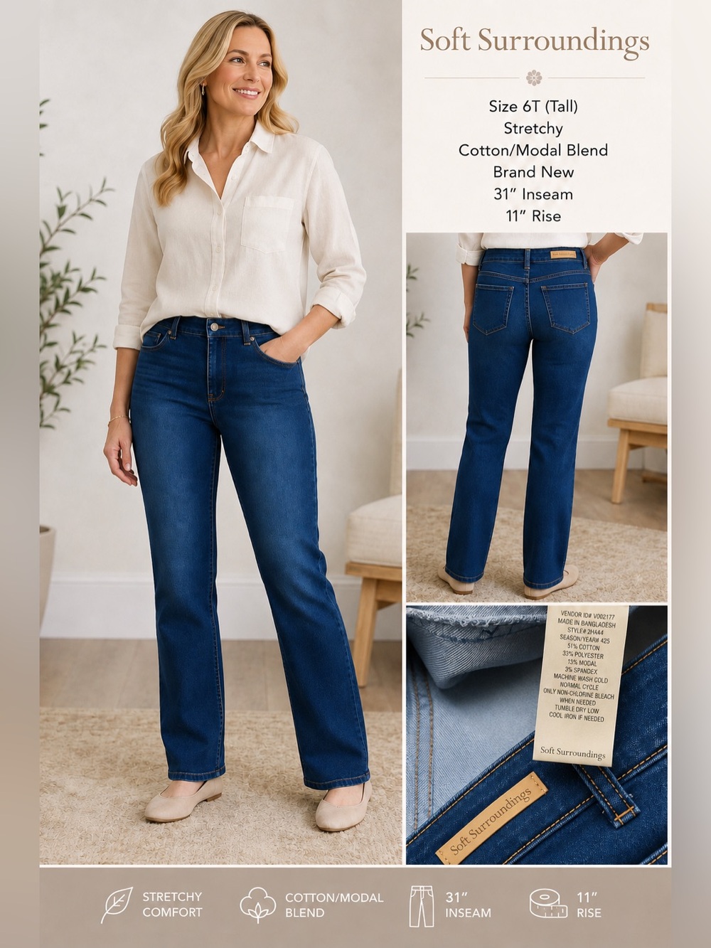 Soft Surroundings Jeans Women’s 6T Tall Straight Leg Stretch Dark Wash Brand New